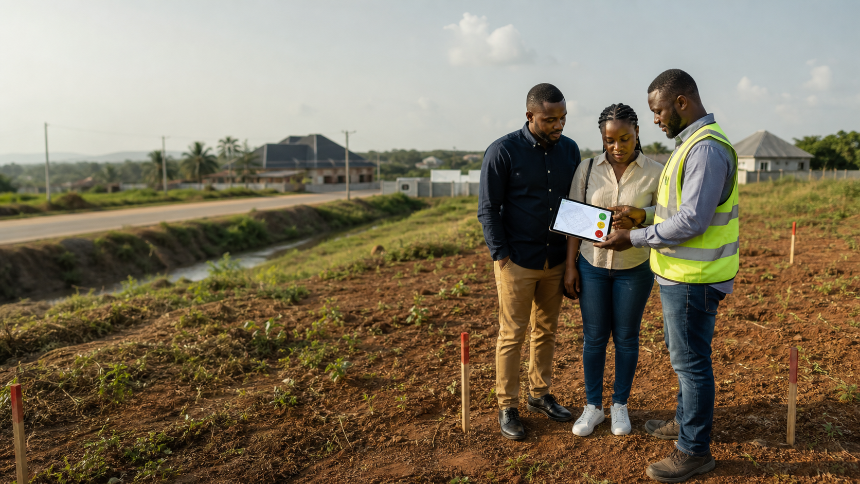 Ghanaian land buyers discussing a marked plot and screening result with a surveyor