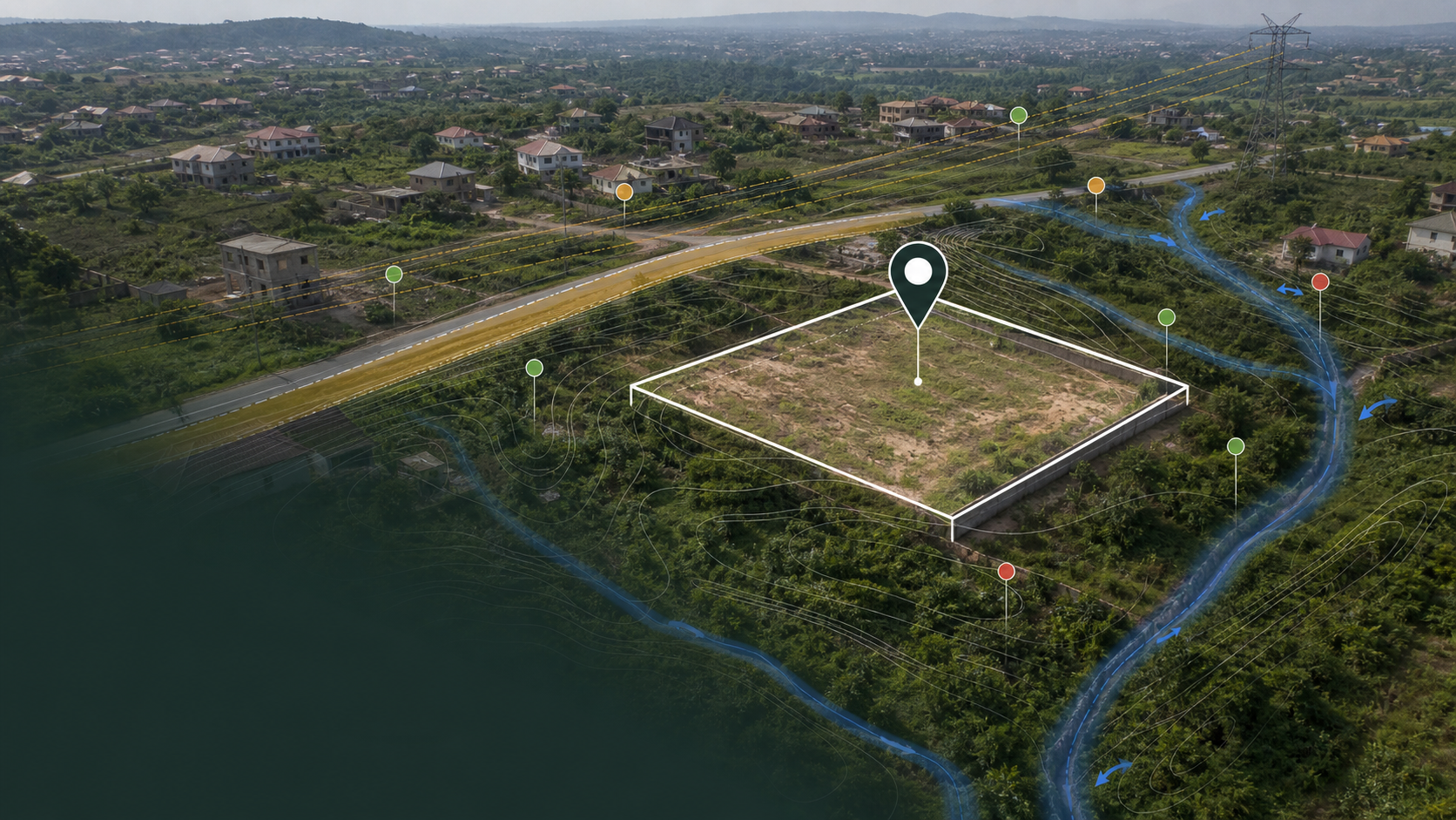 A marked Ghanaian land plot shown with terrain, water, road and infrastructure screening layers